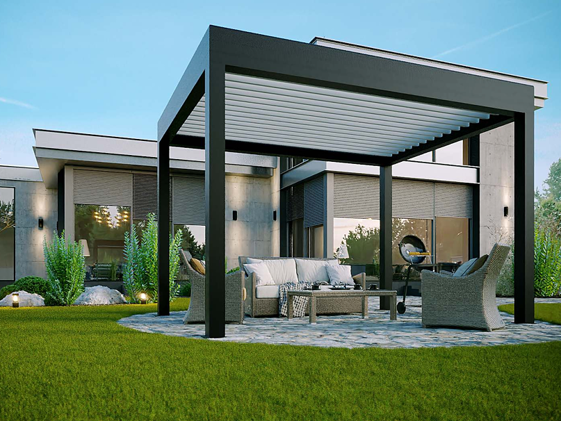 Samostatně stojící hliníková pergola na zahradě